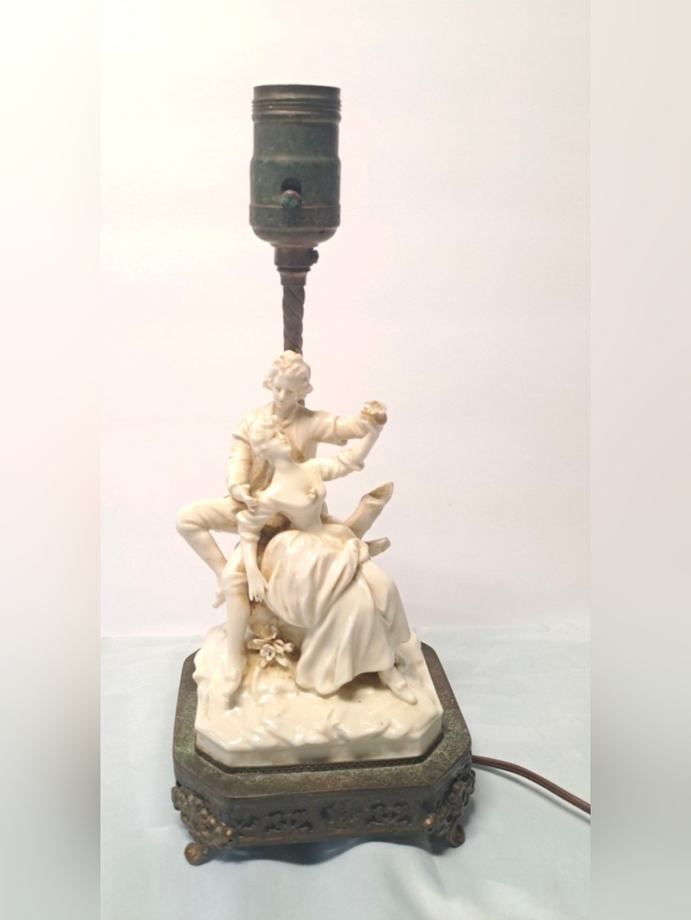 Mid century  Antique Brass Porcelain Couple On square filagree Ornate Base